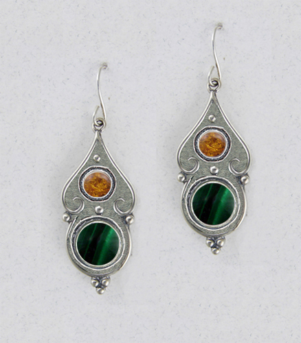 Sterling Silver Malachite And Amber Gemstone Drop Dangle Earrings